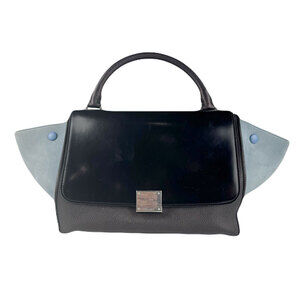 Celine Trapeze Shoulder Bag Leather Nubuck Black Blue Silver